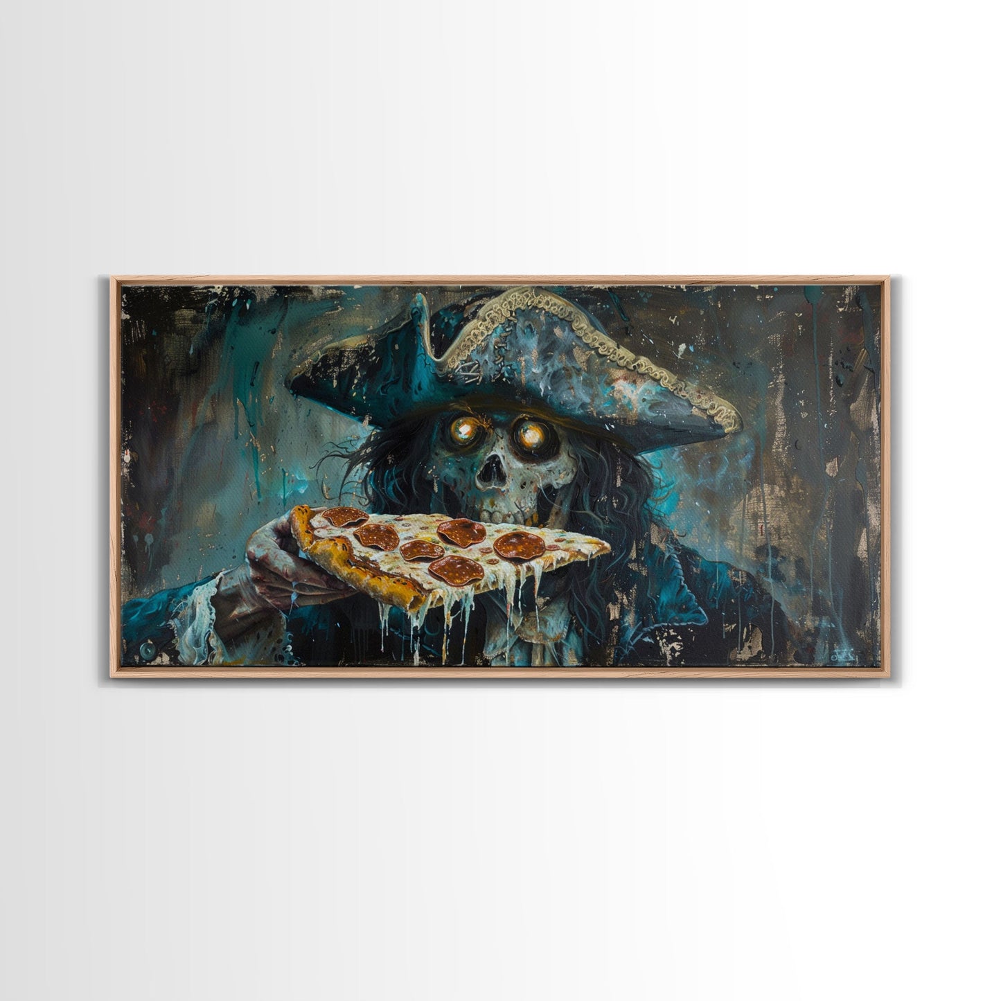 Spooky Pizza Pirate, Framed Canvas Print, Ghostly Pirate Havin a Slice of Pizza, kinda funny idk