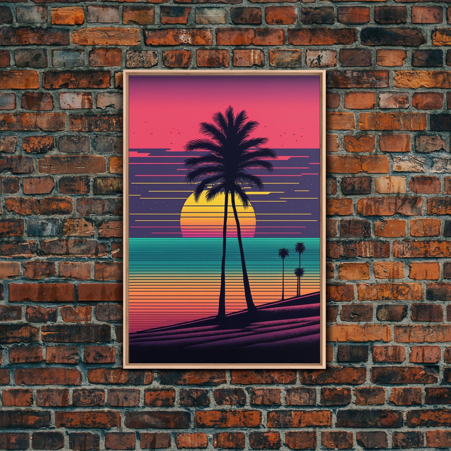 Synthwave Sunset, Retro Office Art, 80s Vibes, Framed Canvas Print, Framed Art, Trendy Wall Hanging