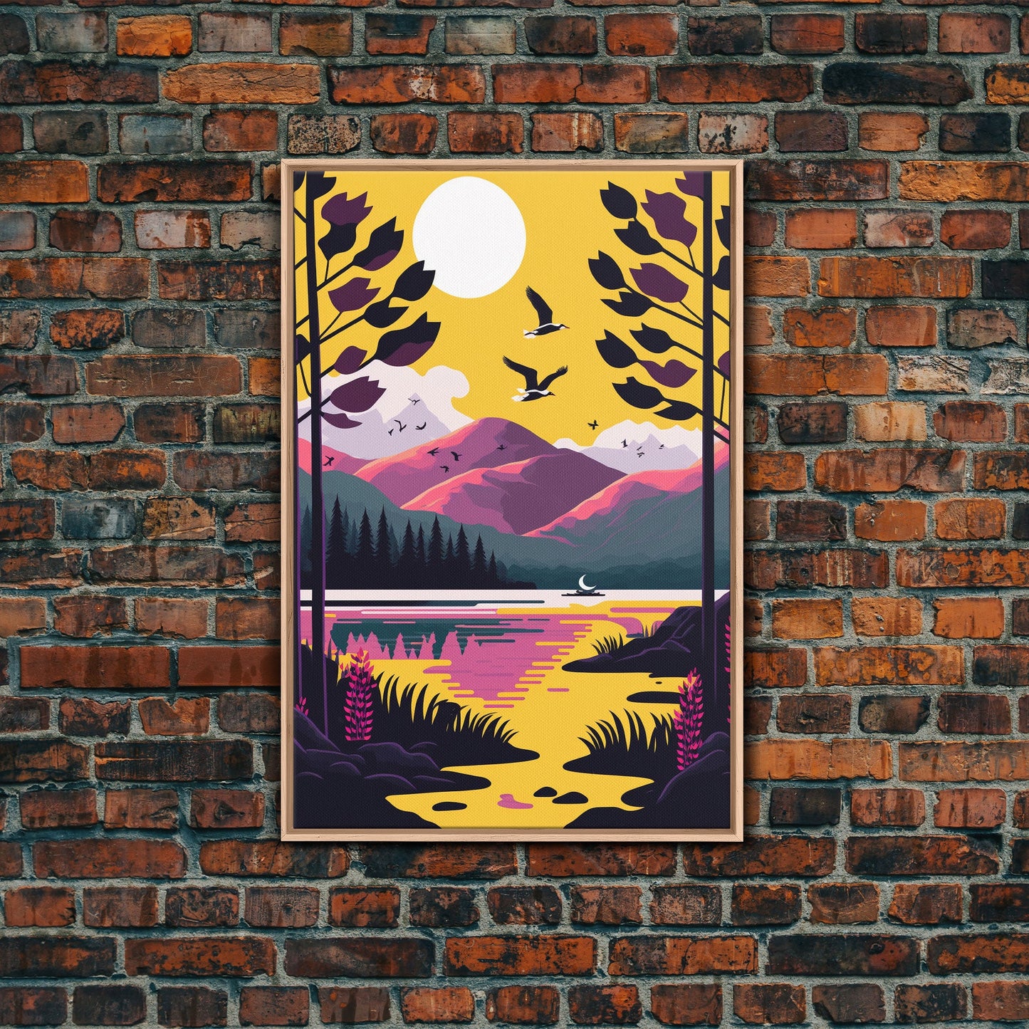 Colorful Pop Art Picture of a Mountain and Forest Landscape, Framed Canvas Print, Surrealist High Contrast Cel Shaded Landscape Art
