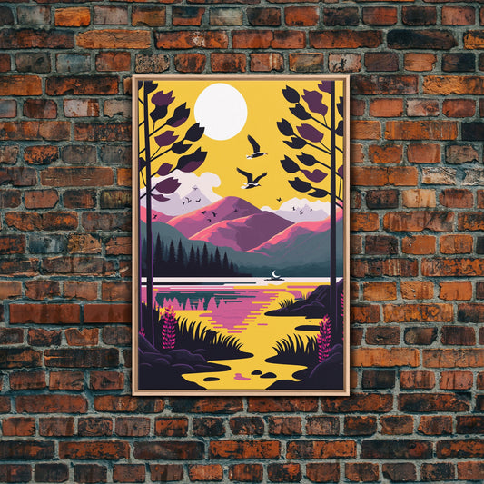 Colorful Pop Art Picture of a Mountain and Forest Landscape, Framed Canvas Print, Surrealist High Contrast Cel Shaded Landscape Art