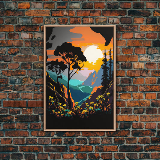 Colorful Pop Art Picture of a Mountain and Forest Landscape, Framed Canvas Print, Surrealist High Contrast Cel Shaded Landscape Art