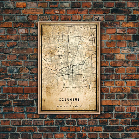 Columbus vintage map print poster or framed canvas, Ohio map print poster canvas, Columbus city map print poster canvas
