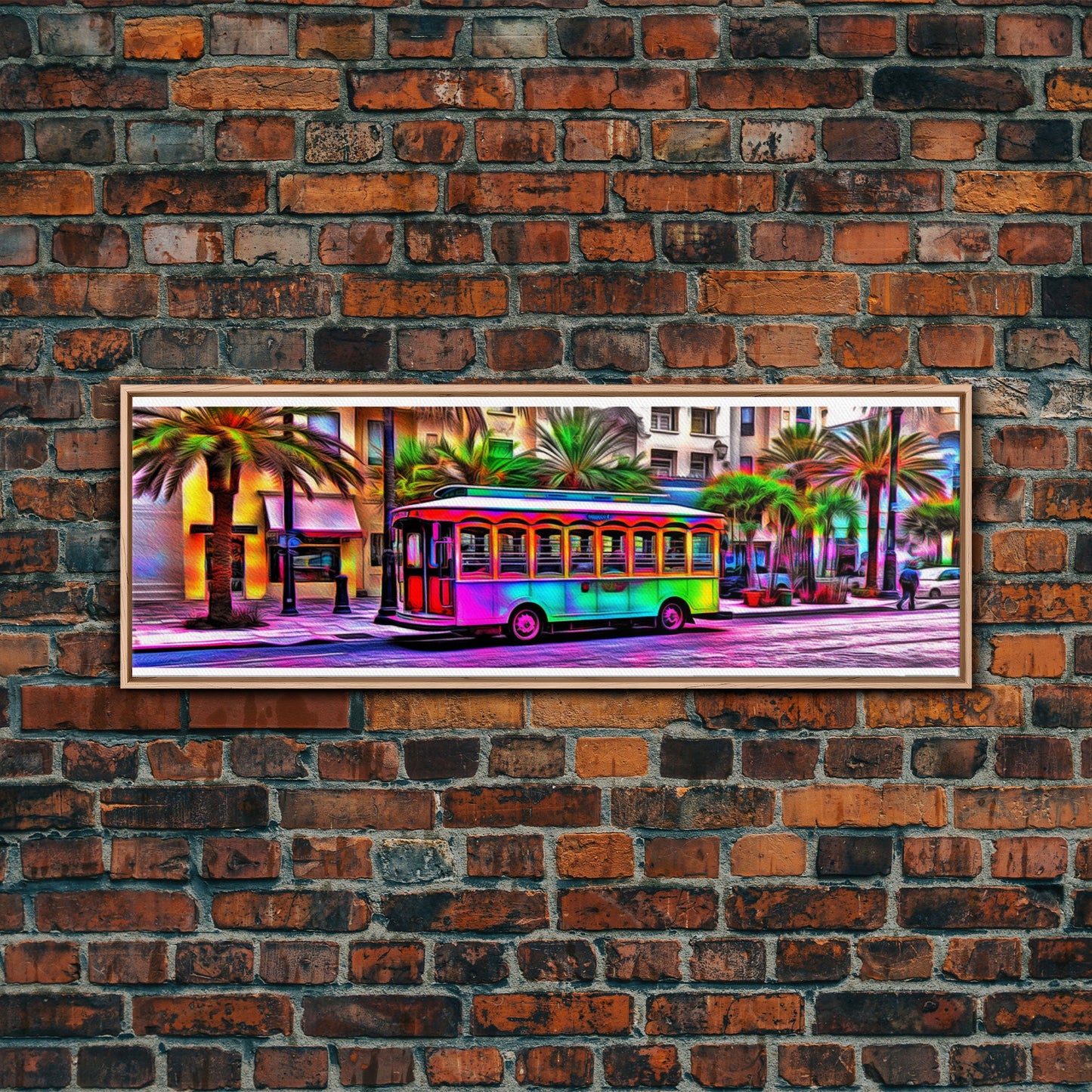 Colorful Vibrant Tram Wall Art, Palm Trees Art Print, Colored Pencil Sketch, Framed Canvas, Abstract Art, Panoramic, Wall Art, Canvas Print