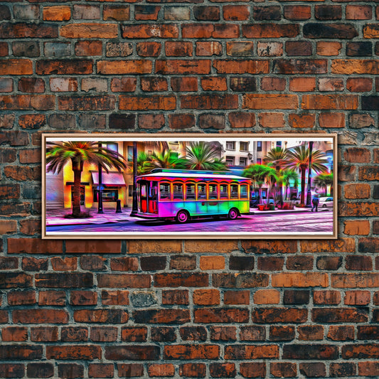Colorful Vibrant Tram Wall Art, Palm Trees Art Print, Colored Pencil Sketch, Framed Canvas, Abstract Art, Panoramic, Wall Art, Canvas Print