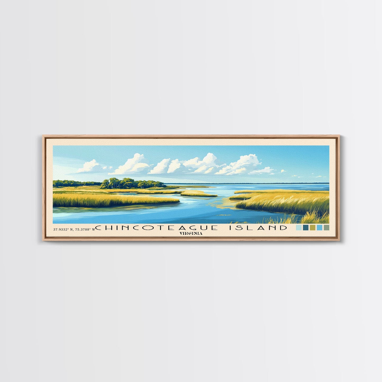 Chincoteague Island, Virginia Panoramic Beach Print, Vacation Gift, Virginia Wall Art, Framed Canvas Print, Framed Beach Painting