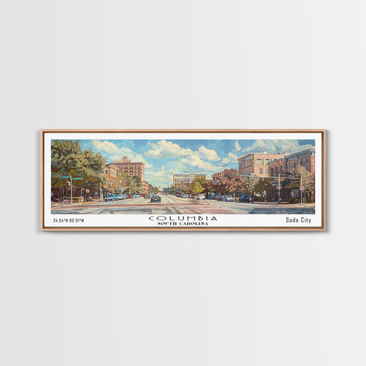 Columbia South Carolina Panoramic Watercolor Painting Framed Canvas Print, Travel Poster Art, Urban Cityscape, Living Room Decor, Wall Hanging, Office Art, Southern Charm Gift