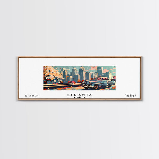 Atlanta Georgia Panoramic Painting, Mid Century Modern Framed Canvas Print, Retro Pop Art Travel Poster, Wall Decor, Gift Idea, Home Decor