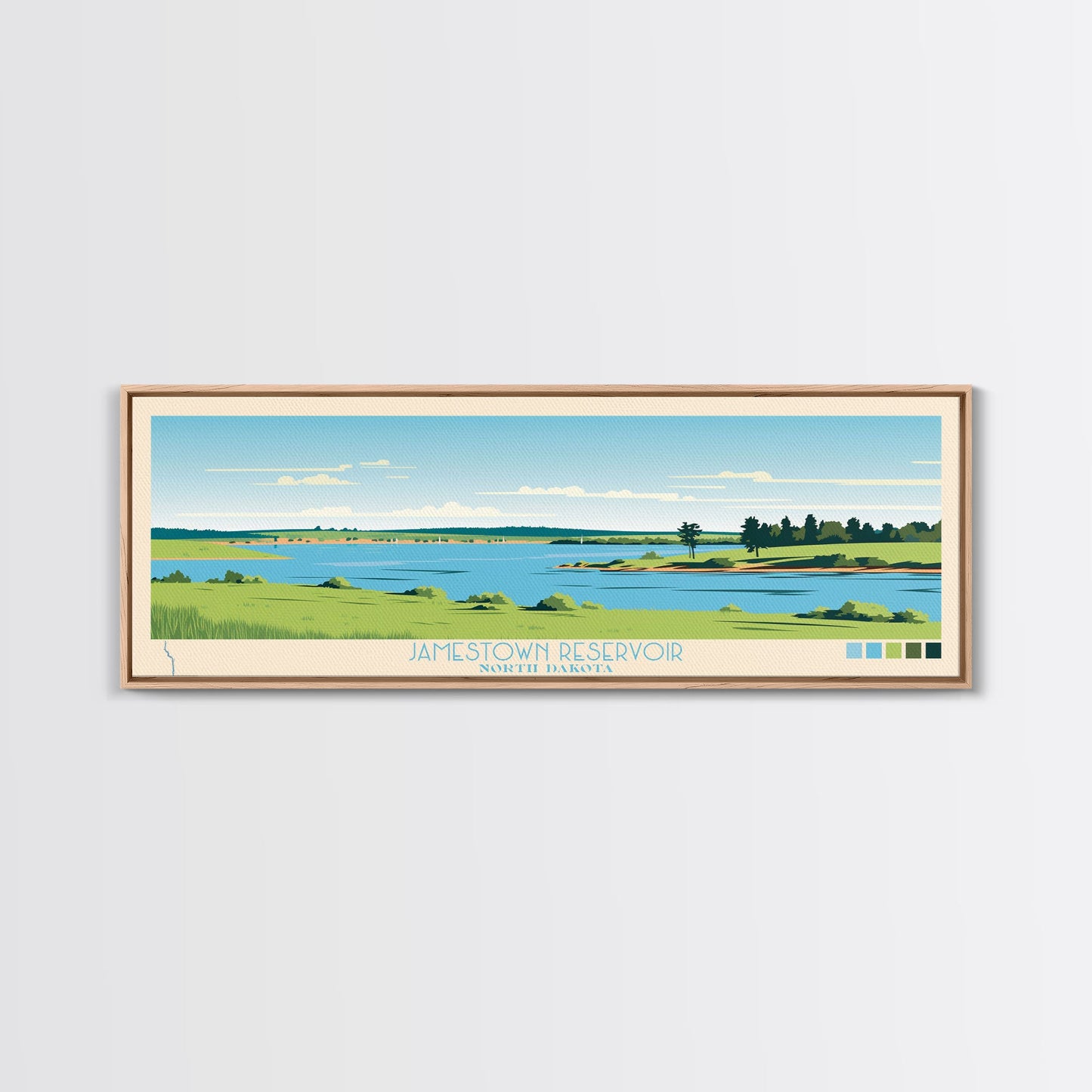 Jamestown Reservoir North Dakota Framed Canvas Print, Panoramic Art, Midcentury Modern, Pop Art, Living Room Decor, Travel Poster, Artistic Home Decor