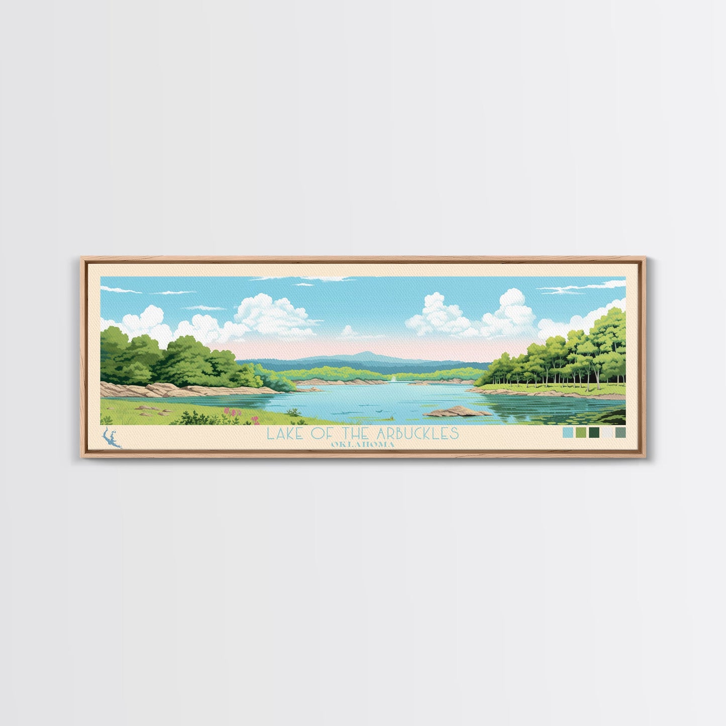 Lake of the Arbuckles Oklahoma Framed Canvas Print, Panoramic Wall Art, Midcentury Modern, Pop Art, Bedroom Art, Travel Poster, Lake House Decor