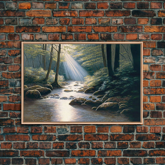 Colorful Watercolor Art, Framed Canvas Print, unique wall art, framed wall art, Landscape watercolor, Beams of Sunlight piercing the canopy