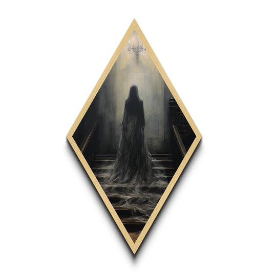 "Chandelier of Silence" Canvas Embossed Print of Spectral Figure Below Light, Diamond Shaped Art for Gothic Paranormal or Halloween Decor