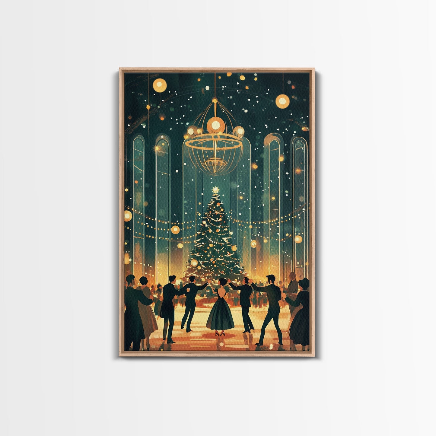 Elegant Ballroom Christmas Dance Scene with Holiday Lights and Decorations, Perfect Holiday Decor for Winter Wonderland, Framed Canvas Print