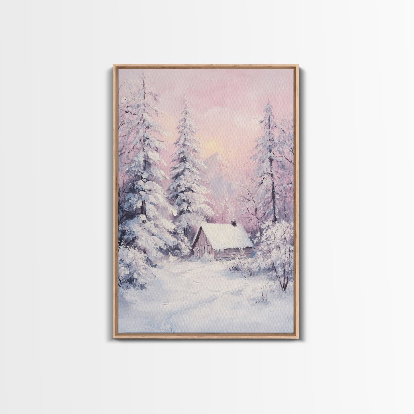 Pink Snowy Cabin Landscape Framed Canvas Print Wall Art Winter Wonderland Decor, Christmas Art Gift, Rustic Winter Scene Art