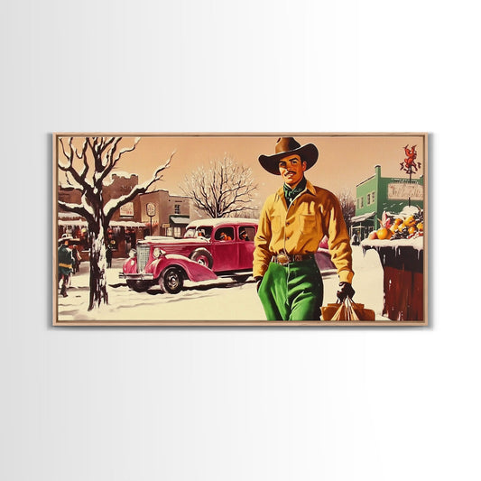 Retro 1950's Style Cowboy, Framed Canvas Print, Pastel Colors, Vintage Inspired Home Decor For Christmas