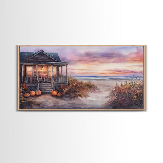 Rustic Beach Cottage Fall Scene Framed Canvas Print, Coastal Autumn Sunset Wall Art Ideal Autumn Gift, Seasonal Beach Decor