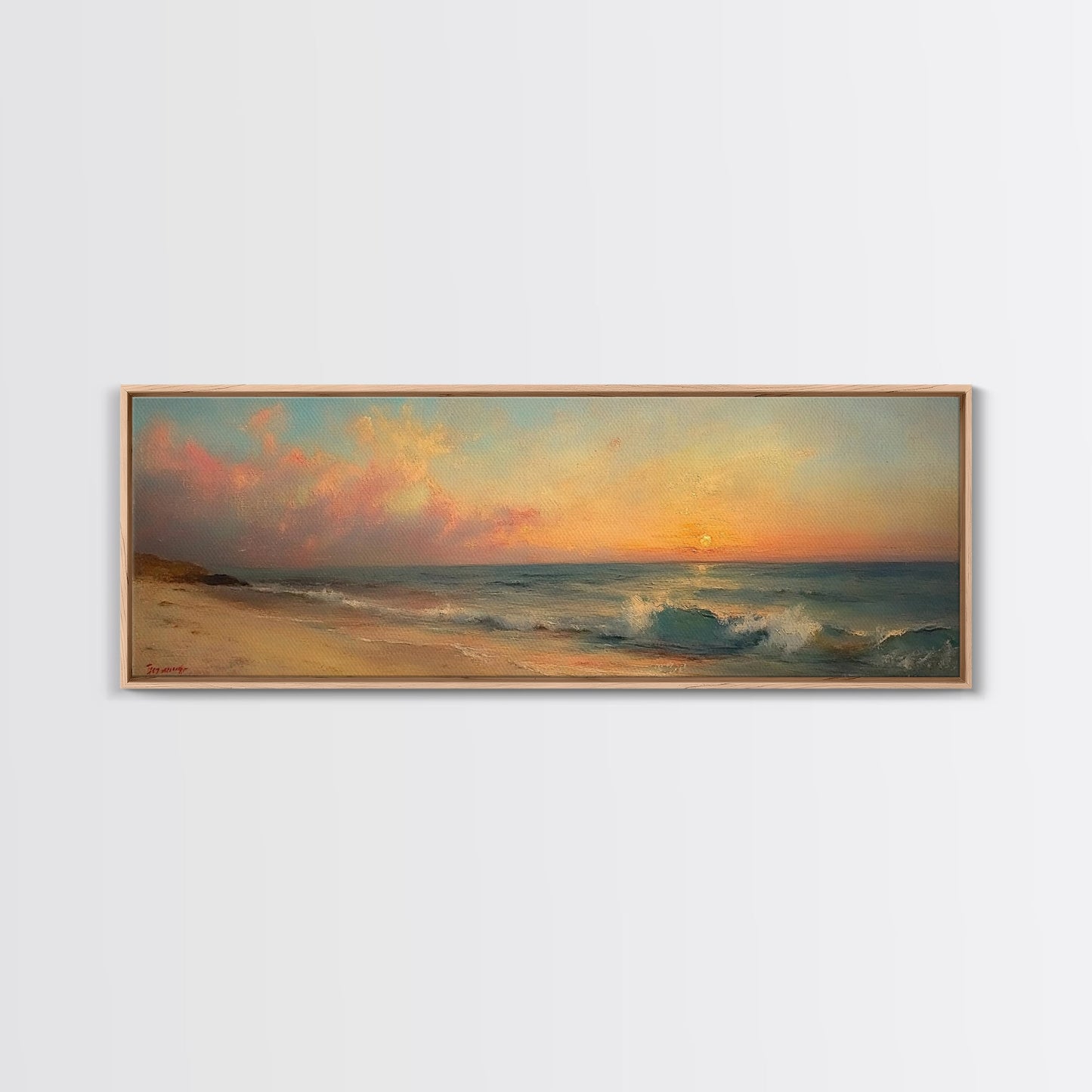 Ocean Waves Crash Into a Hidden Beach at Sunset, Framed Canvas Print, Panoramic Boho Seascape Painting