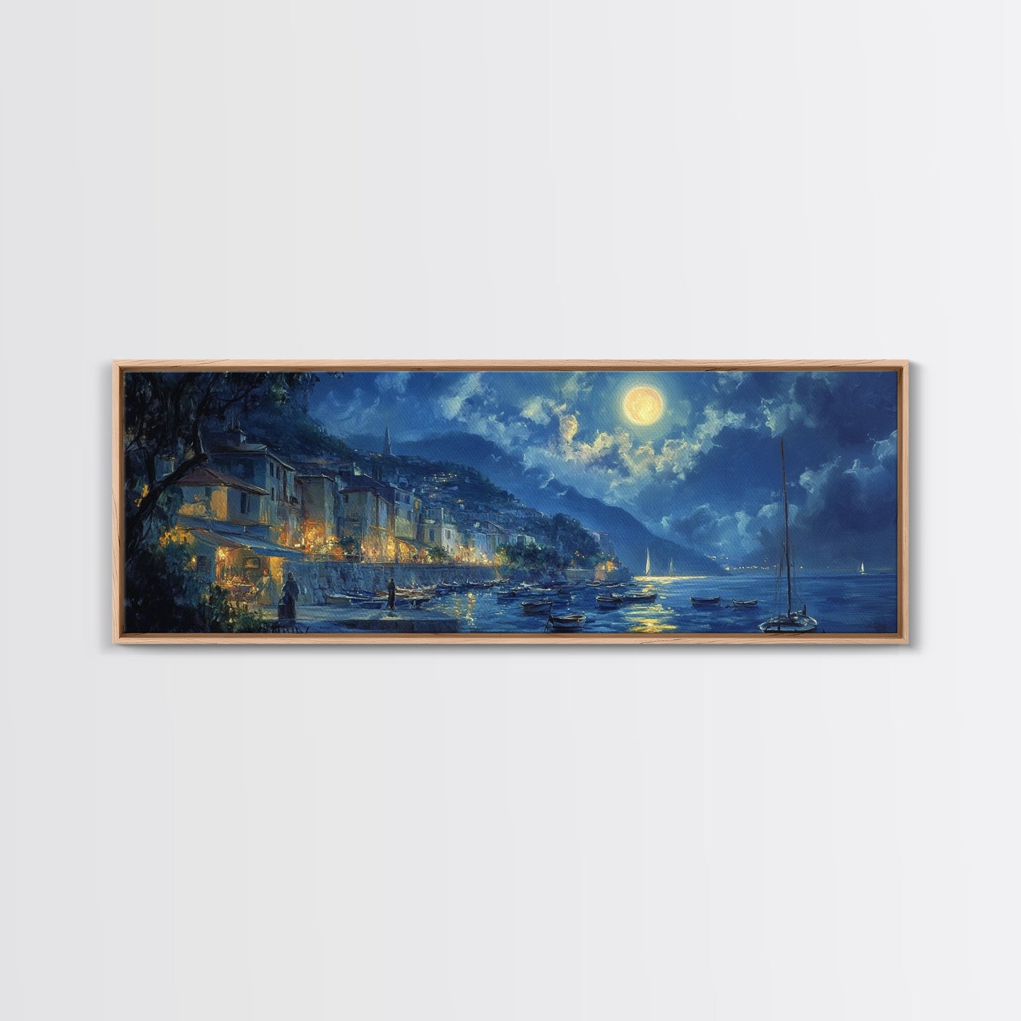 Italian Fishing Village at Midnight Under a Full Moon, Framed Canvas Print, Panoramic Wall Art, Eclectic Boho Home Decor, Wide Oversized Wall Art