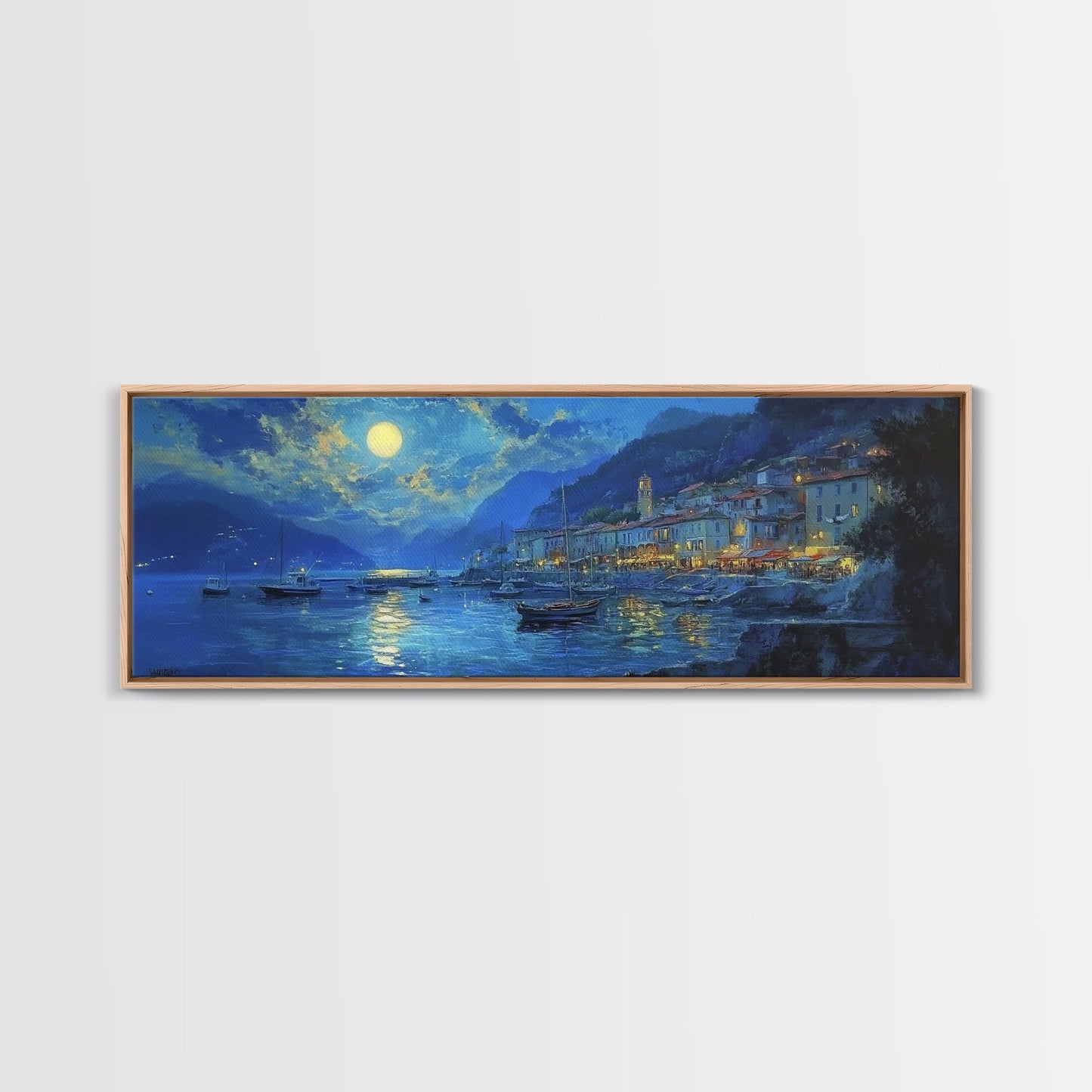 Midnight in Italy - Full Moon - Italian Oil Painting Canvas Print - Whimsical / Eclectic Landscape Painting - Minimalist Boho Home Decor