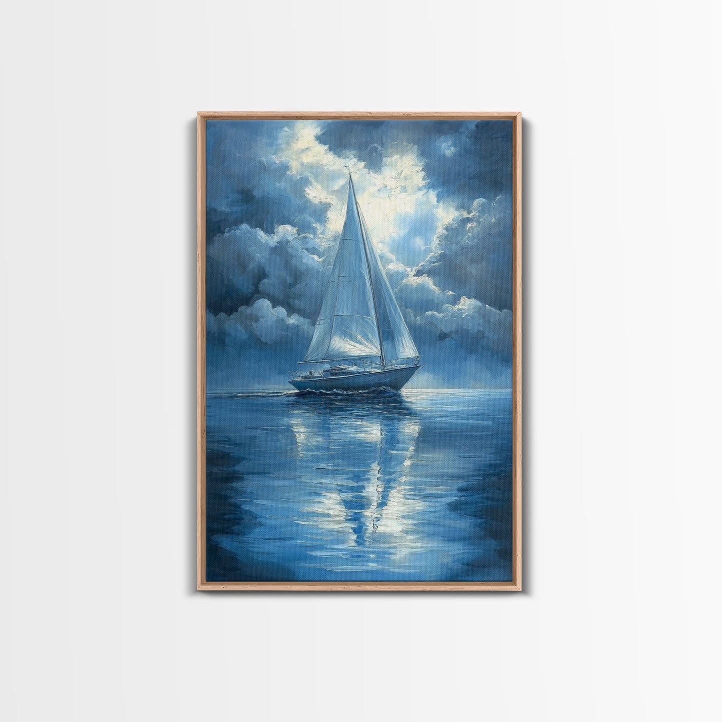 Reflections of a Sail Boat under a Full Moon Framed Canvas Print, Nautical Decor, Sail Boat Oil painting, Sailboat Painting, Nautical Home Decor