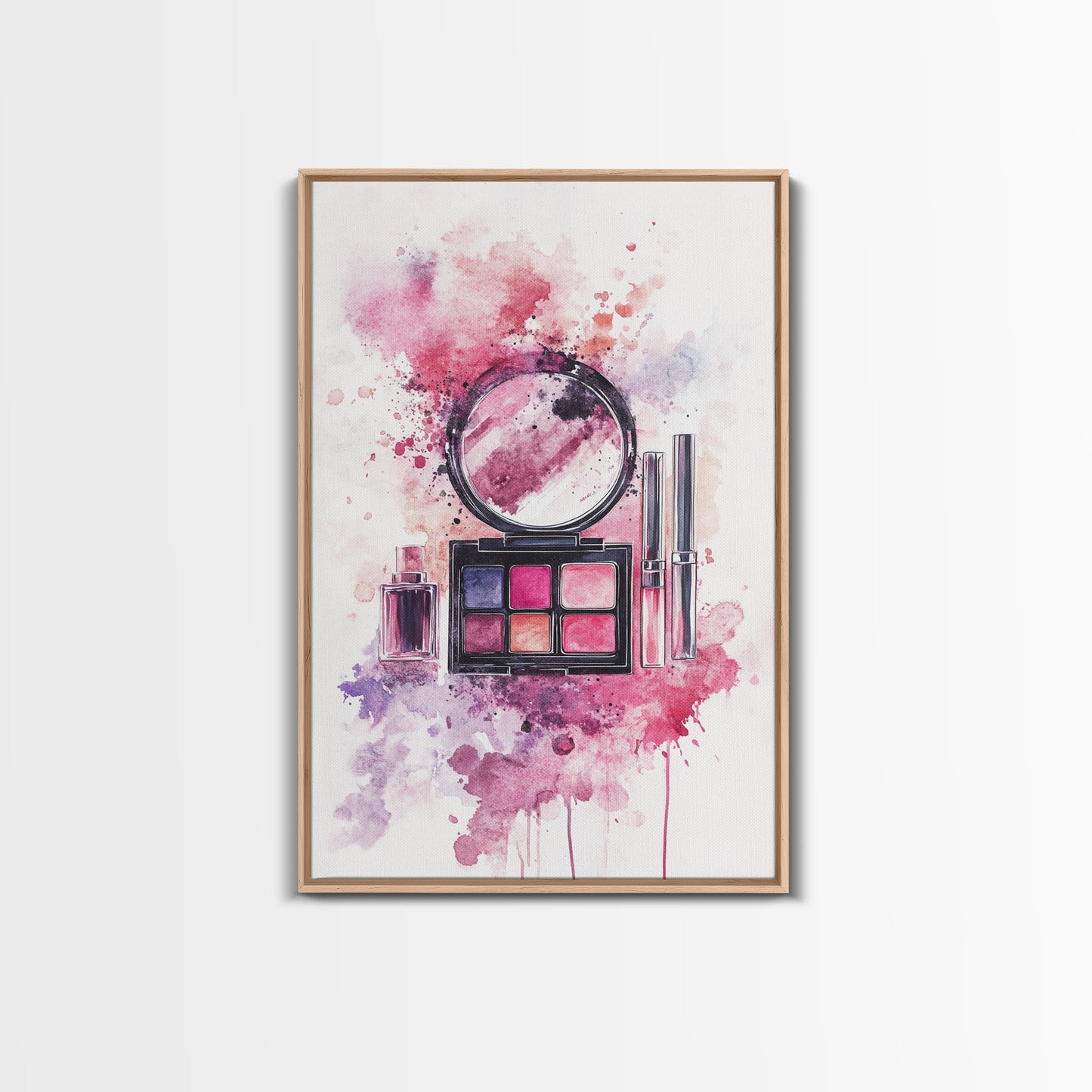 Makeup palette splash art vibrant beauty decor framed canvas print modern girly aesthetic perfect gift idea unique pink abstract art piece