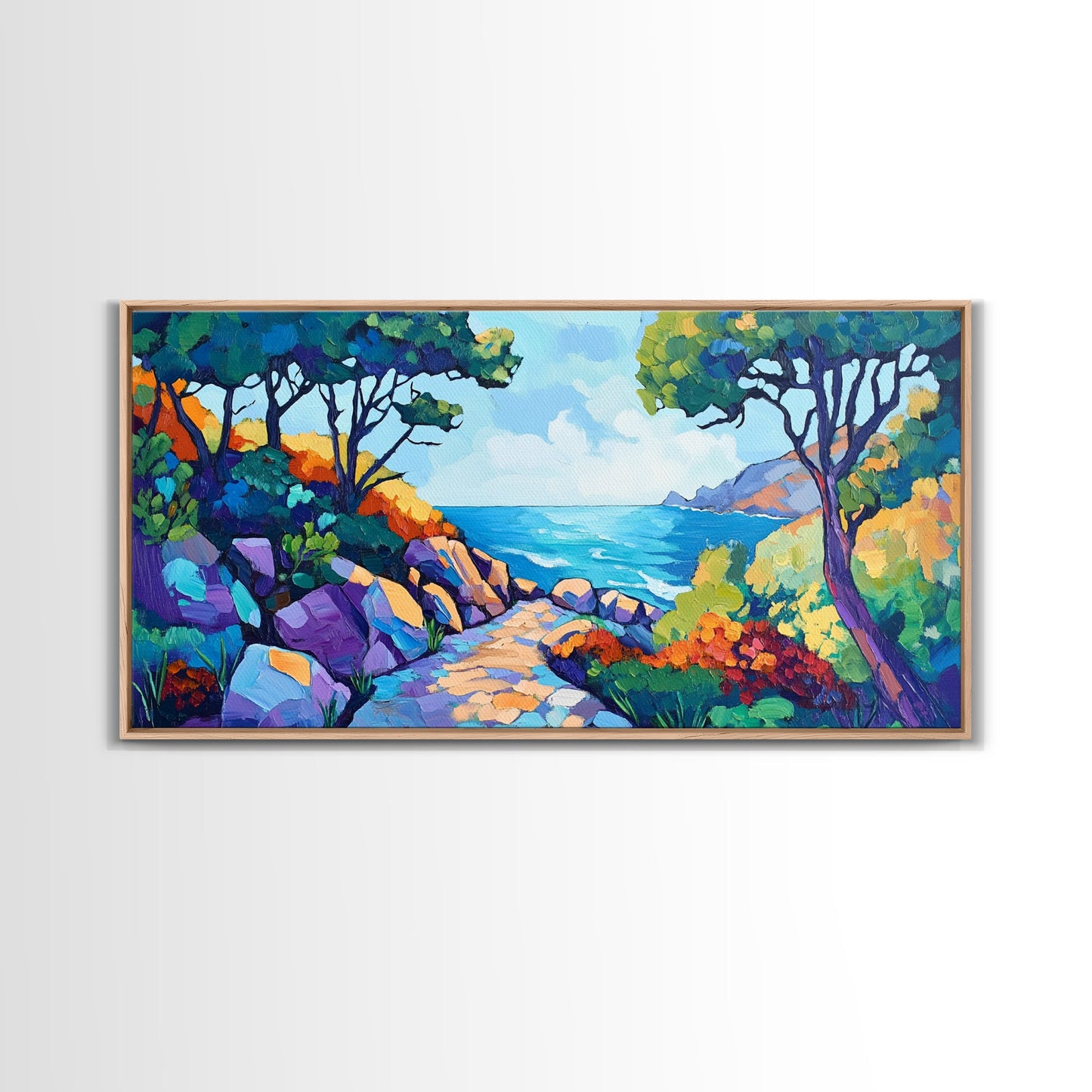 Coastal Pathway, bold colors, impressionist seascape, ocean view, vibrant painting, coastal wall art, Canvas Print, beach decor