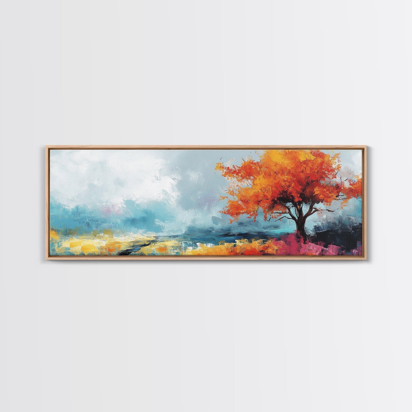Autumn Tree Breeze Framed Canvas Print Vibrant Fall Foliage Painting Impressionist Seasonal Wall Art Warm Colors Living Room Decor