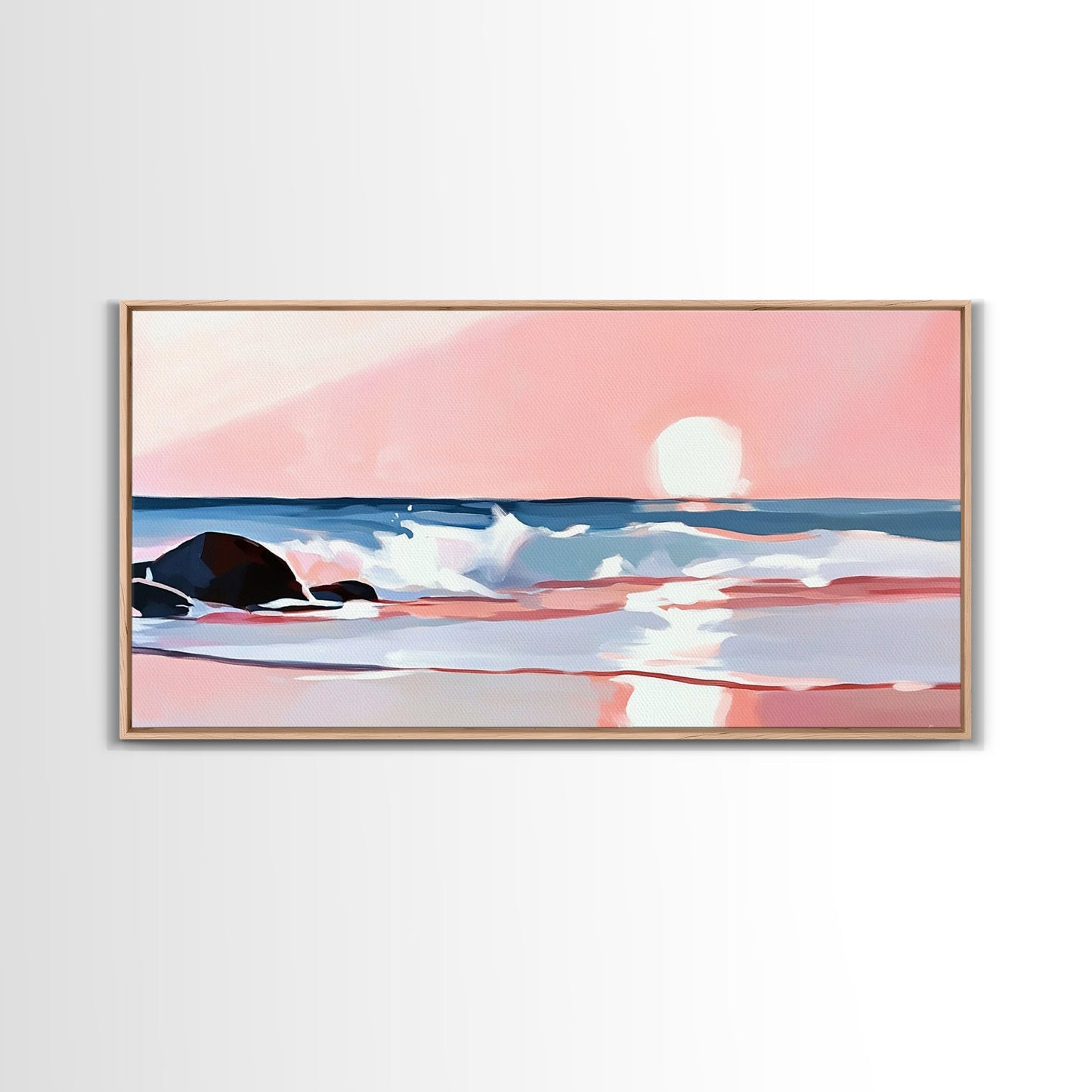 Sunset Beach, Ocean Waves, Framed Canvas Print, Coastal Wall Art, Pink Sky Painting, Living Room Decor, Tropical Seascape