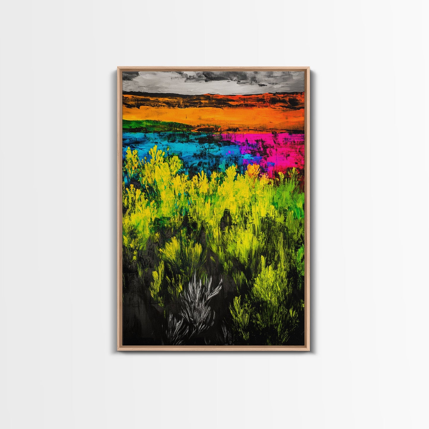 Colorful Prairie, Abstract Fields, Bright Wildflowers, Framed Canvas Print, Vibrant Wall Art, Boho Home Decor, Living Room Statement