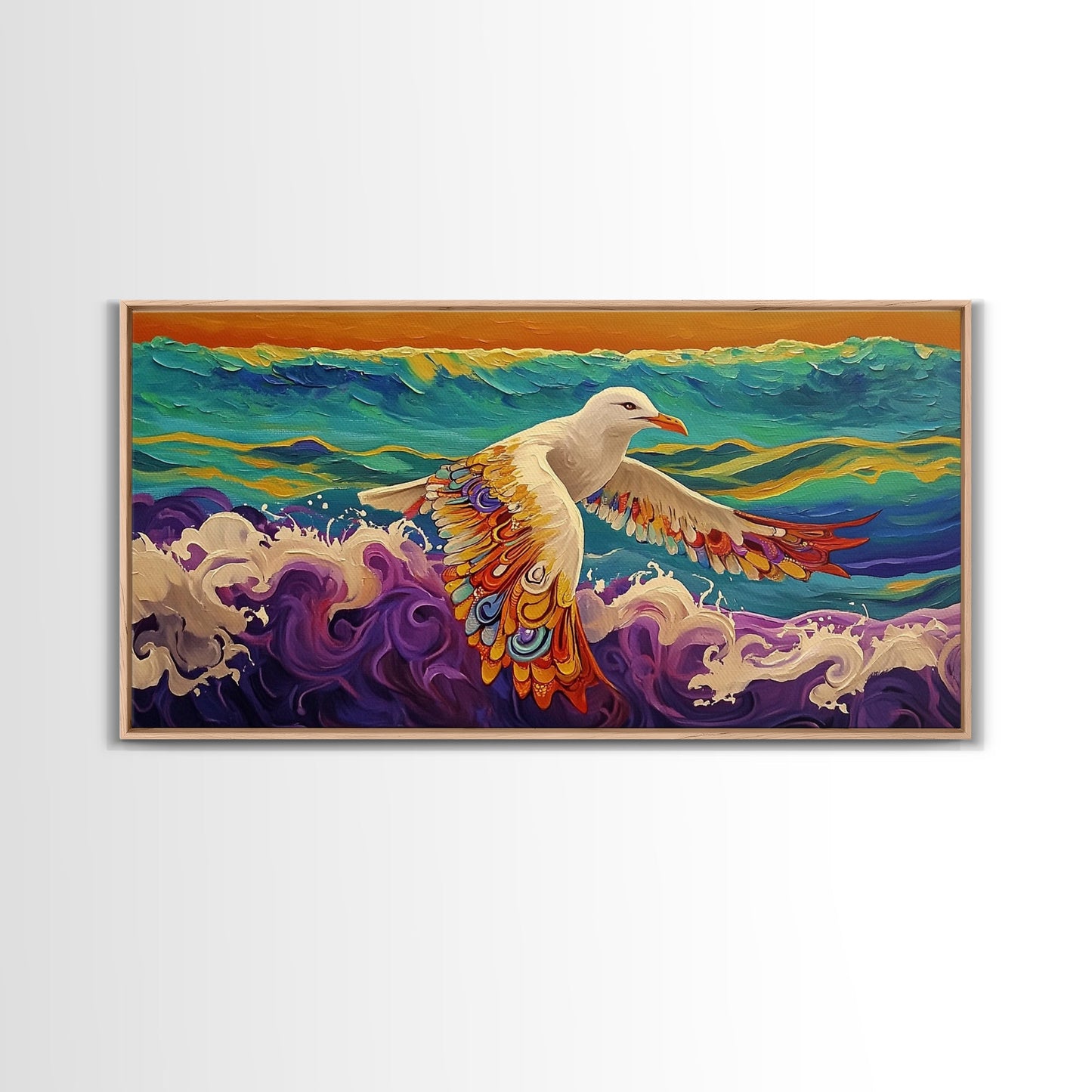 Seagull Ocean, Wings, Framed Canvas Print, Whimsical Bird Wall Art, Nautical Coastal Decor, Colorful Beach Painting, Boho Wall Art