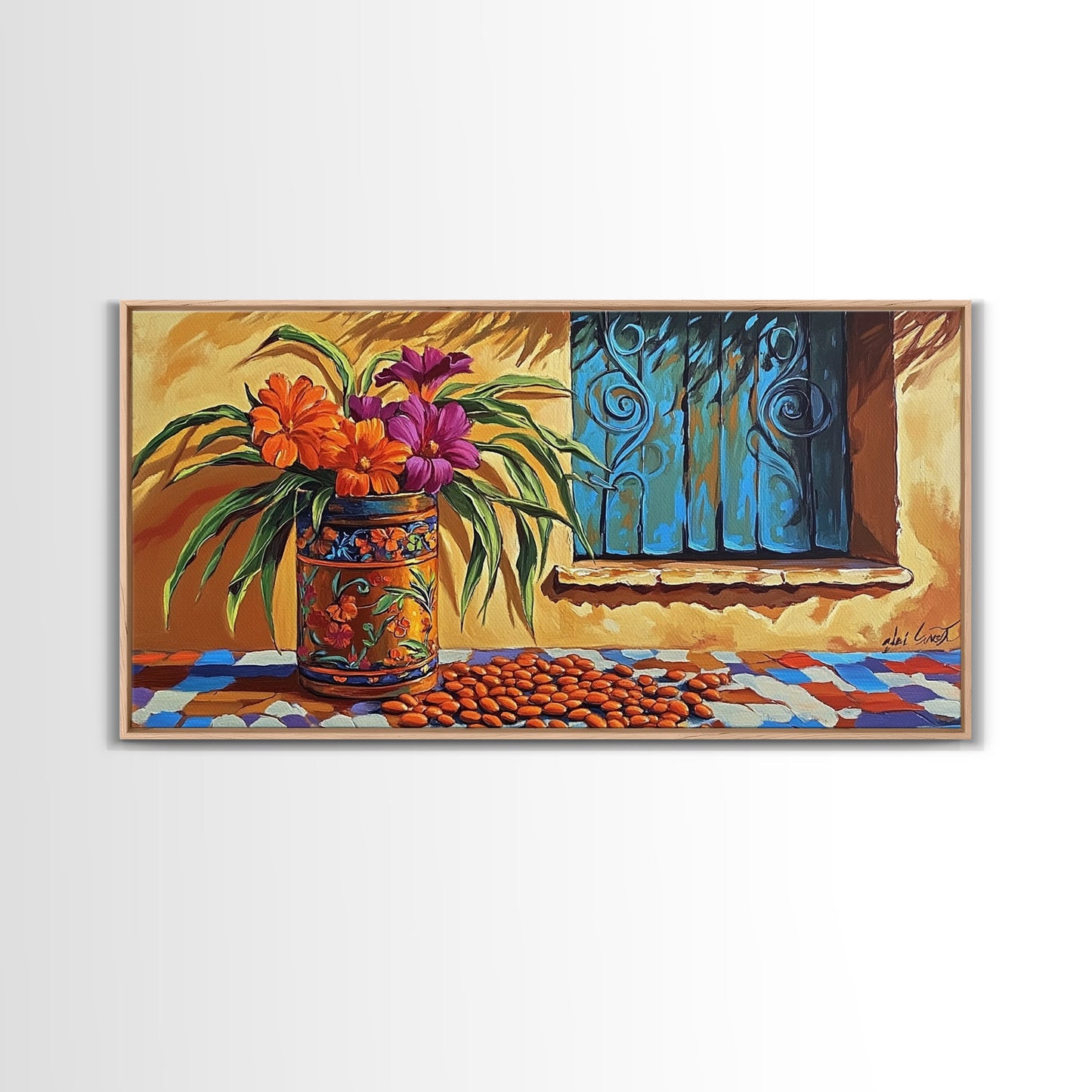 Flowers Pottery, Window, Still Life, Canvas Print, vibrant floral still life wall art, Mexican pottery, rustic kitchen décor