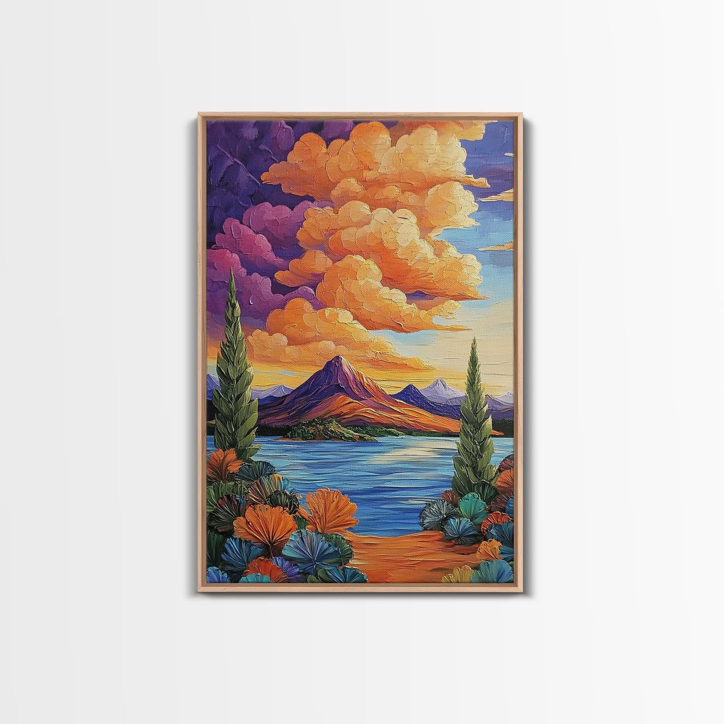 Mountain Lake, Cloudscape, Reflection, Framed Canvas Print, Bold sunset wall art, vibrant color landscape, Cabin or Living Room Wall Art