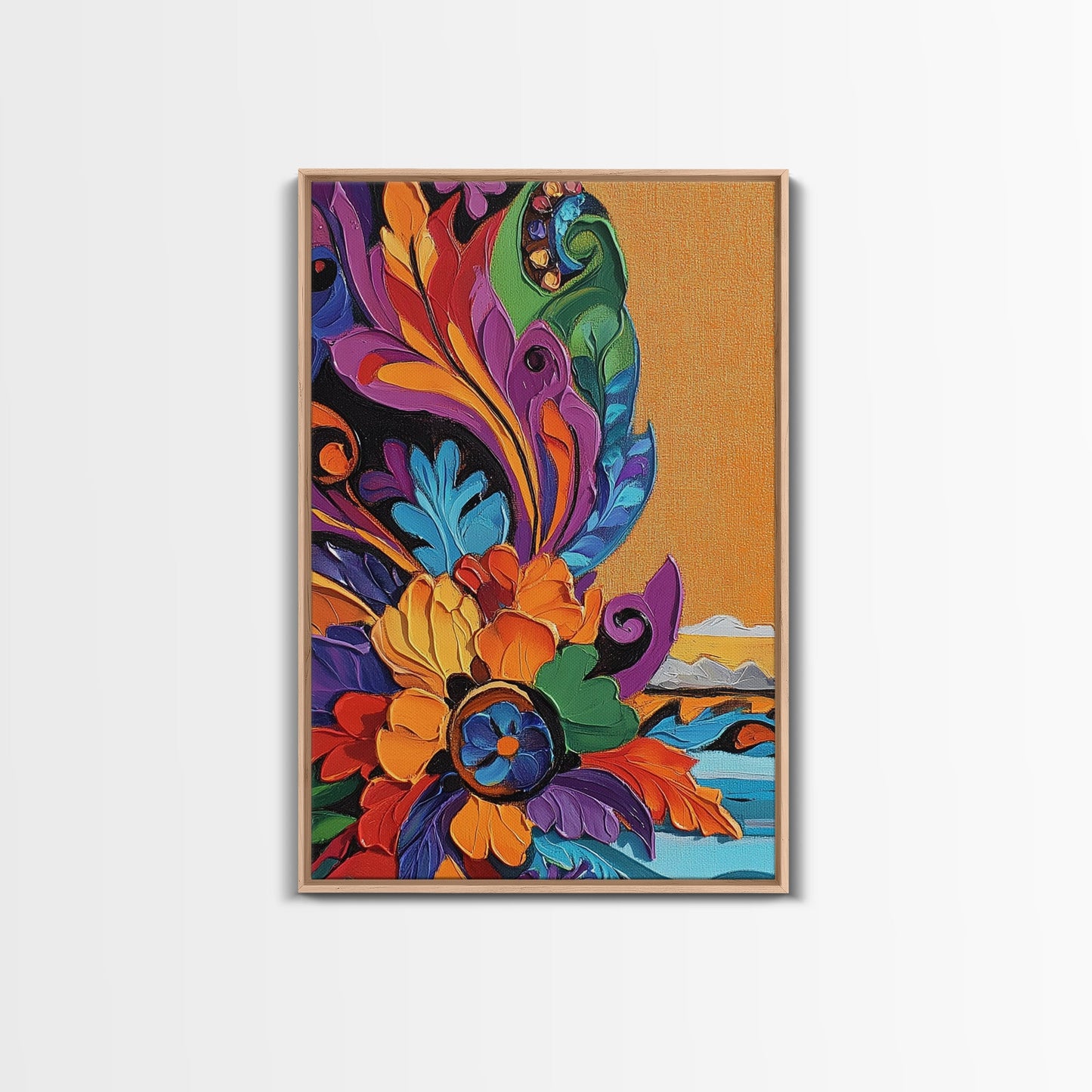 Fiesta Flower, Southwest Pattern, Mexican Style, Bright Floral, Framed Canvas Print, Kitchen Wall Art, folk boho art, vibrant decor