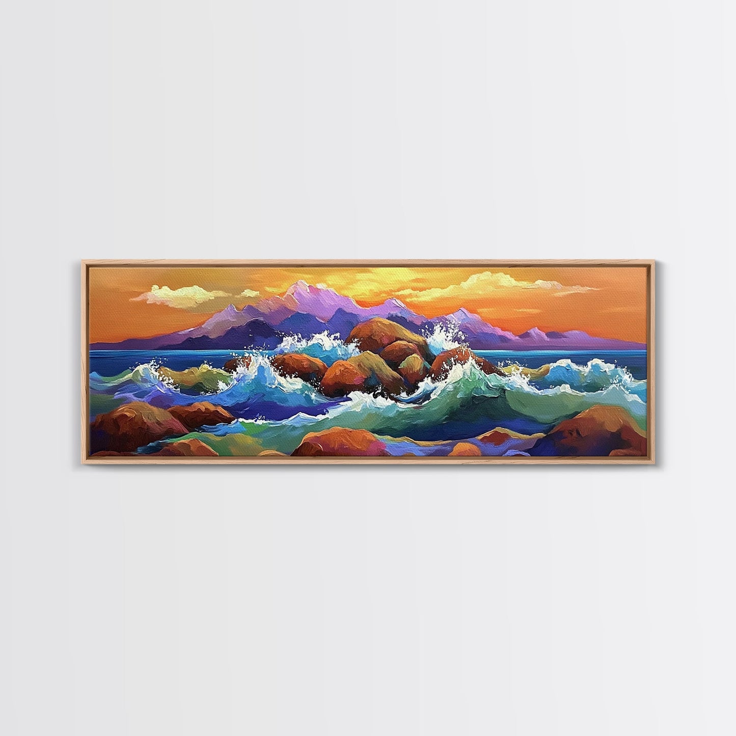Coastal Rocks Waves, Sunset Ocean Painting, Colorful Seaside View, Framed Canvas Print, Nautical Wall Art, Living Room Decor