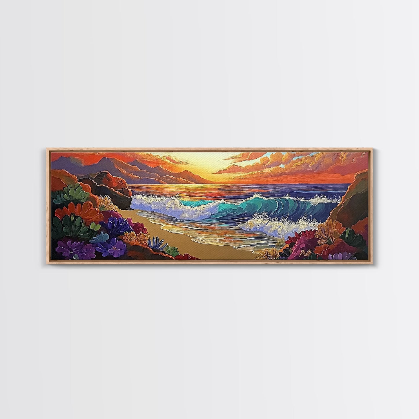 Coastal Sunset, Ocean Waves, Tropical Flowers, Vibrant Seascape, Framed Canvas Print beach wall decor, boho art, living room wall art