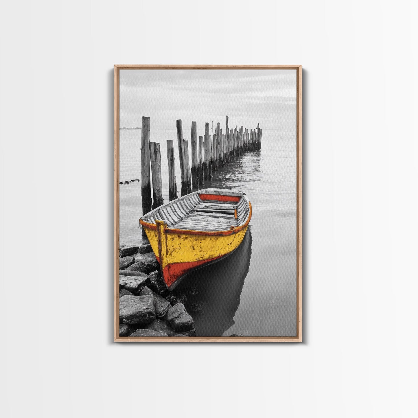 Yellow Rowboat, Coastal Mood, Pier View, Nautical Nostalgia, Framed Canvas Print, Beach House Wall Art, Rustic Seaside Decor