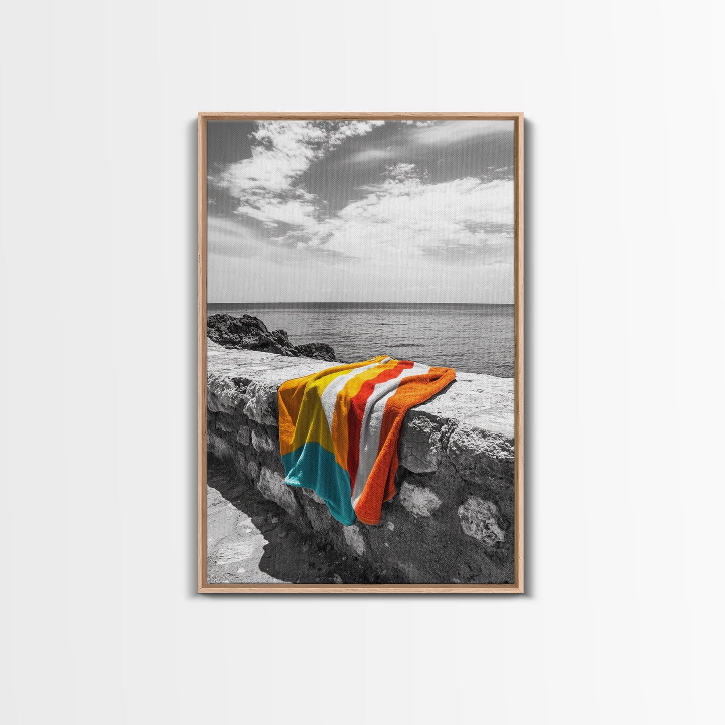 Colorful Towel, Coastal Vibes, Seaside Style, Bold Decor, Framed Canvas Print vibrant beach towel photo, bathroom wall art, summer art