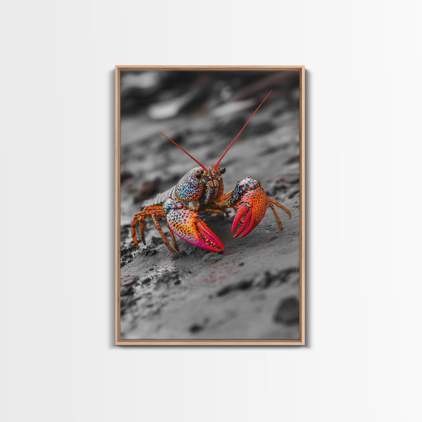 Colorful Lobster, Beach Wildlife, Close-Up Macro Art, Framed Canvas Print, Kitchen Wall Art, Coastal Marine Decor, Vibrant Style