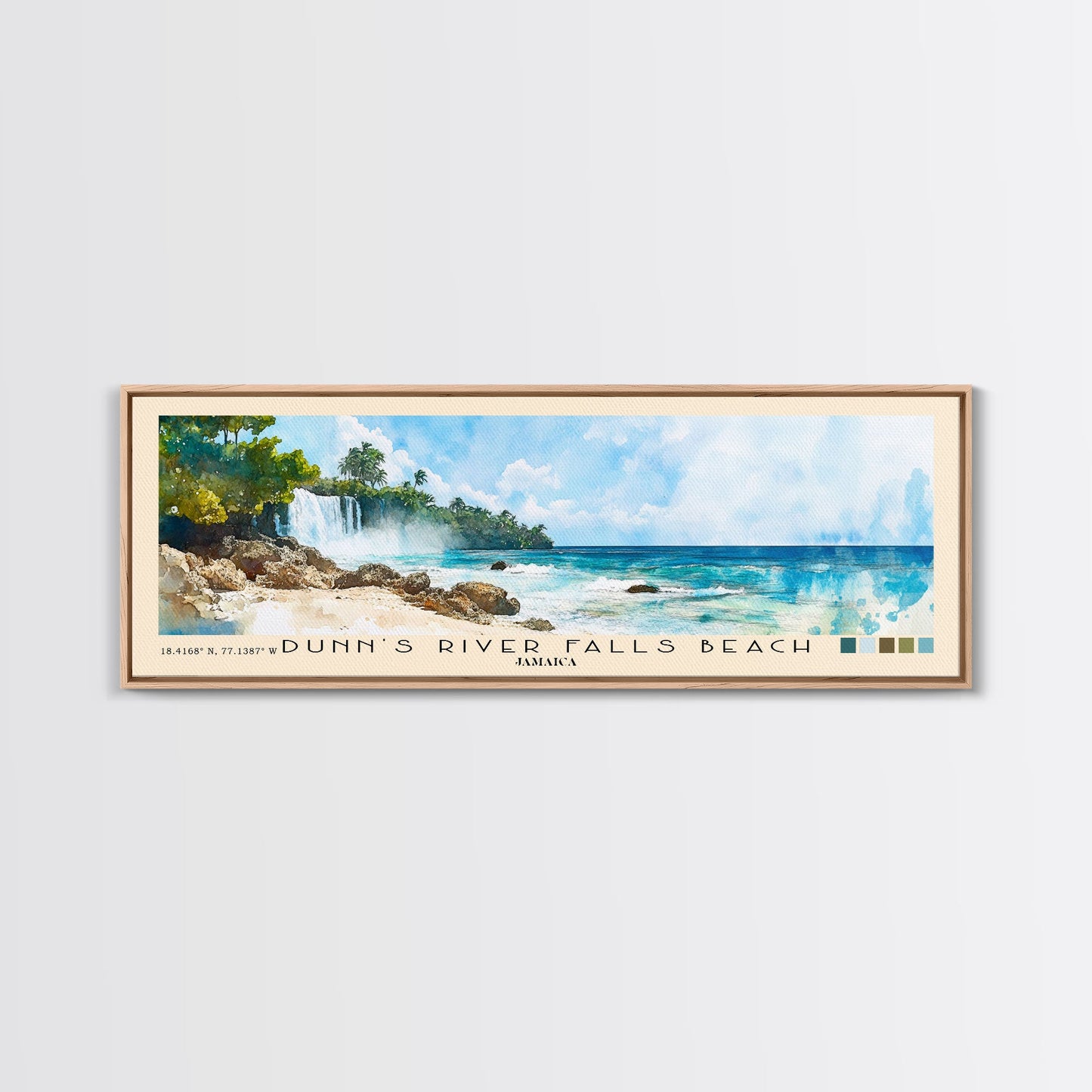 Dunn’s River Falls Beach, Jamaica Watercolor Print, Vacation Gift, Jamaica Wall Art, Beach Painting, Beach Decor, Large Wall Art, Wood Frame Art