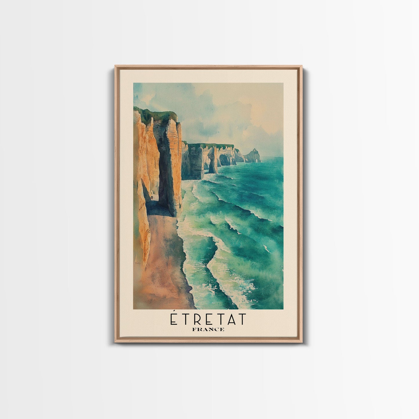 Étretat, France Watercolor Print, Vacation Gift, France Wall Art, Beach Painting, Beach Decor, Large Wall Art, Wood Frame Art