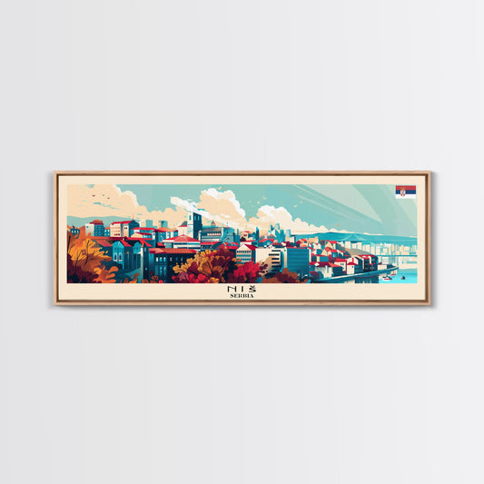 Niš Serbia Panoramic Travel Poster, Framed Canvas Print or Metal Wall Art, Travel Art, Home Decor, Panoramic Painting, Midcentury Art