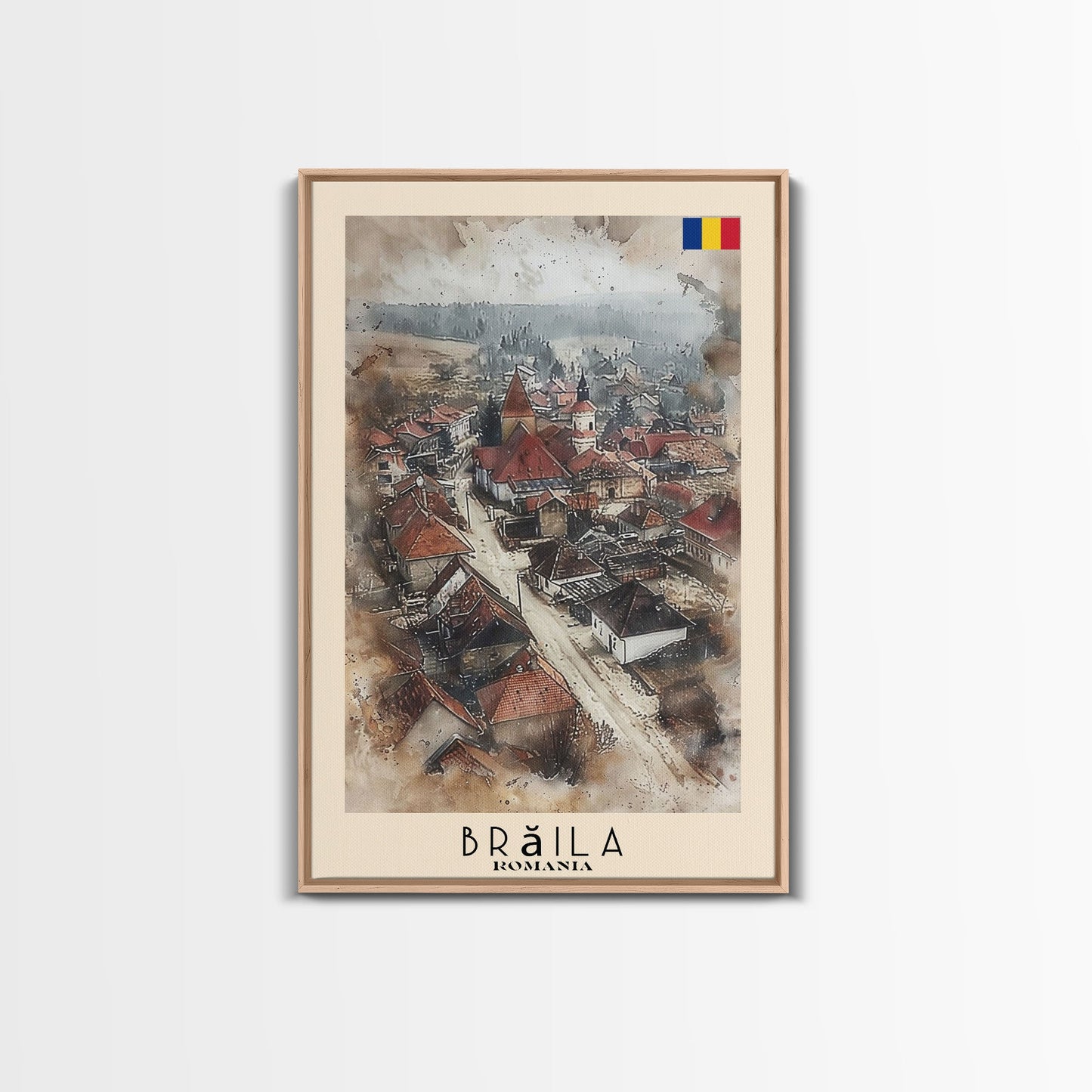 Brăila Romania Travel Poster Framed Canvas Print, Cityscape Art, Wall Decor, Travel Print, Watercolor Painting, Rustic Scene Art