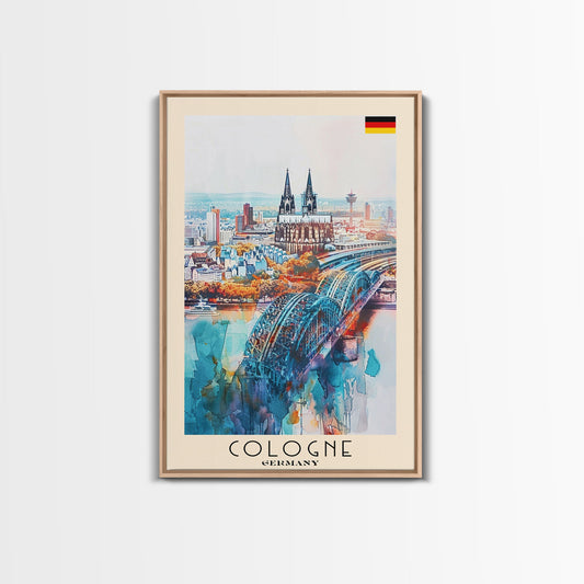 Cologne Germany Watercolor Travel Poster, Wood Framed Canvas Print, Boho Wall Art, Living Room Decor, Original Artwork, Cityscape Home Decor, Travel Print