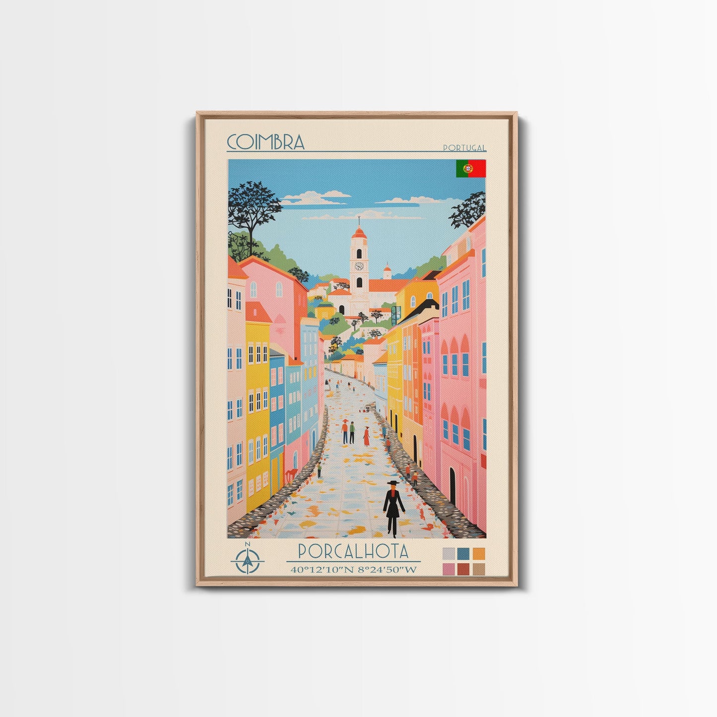 Coimbra Portugal Travel Poster Framed Canvas Print, Midcentury Modern Art, Pop Art Wall Decor, Home Decor, Vacation Gift, Living Room Art