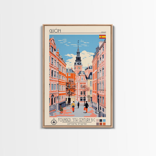 Gijón Spain Travel Poster Framed Canvas Print, Midcentury Modern Art, Pop Art Wall Decor, Scenic Wall Art, Living Room Decoration, Office Art