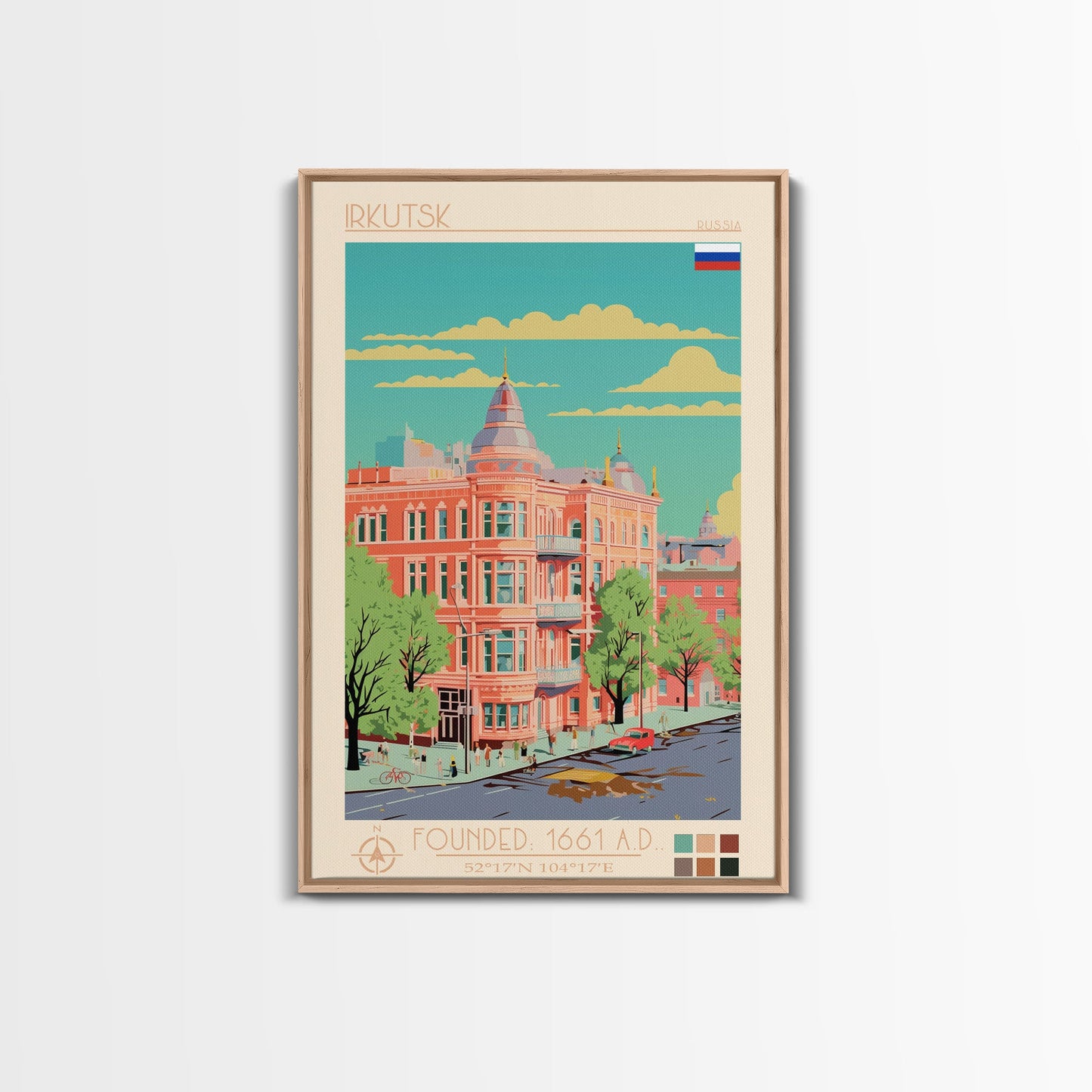 Irkutsk Russia Travel Poster Framed Canvas Print, Midcentury Modern Art, Pop Art Wall Decor, Scenic Bedroom Art, Office Decoration