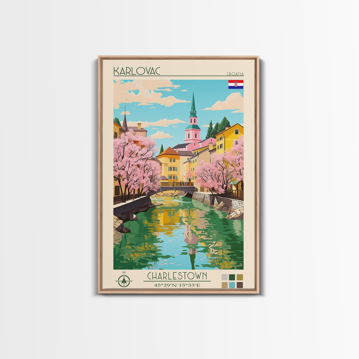 Karlovac Croatia Travel Poster Framed Canvas Print, Midcentury Modern Art, Pop Art Wall Decor, Scenic Living Room Art, Bedroom Decor