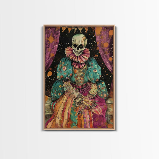 Creepy Skeleton Clown Framed Canvas Print, Cottagecore Halloween Mashup, Spooky Vibes Halloween Decor