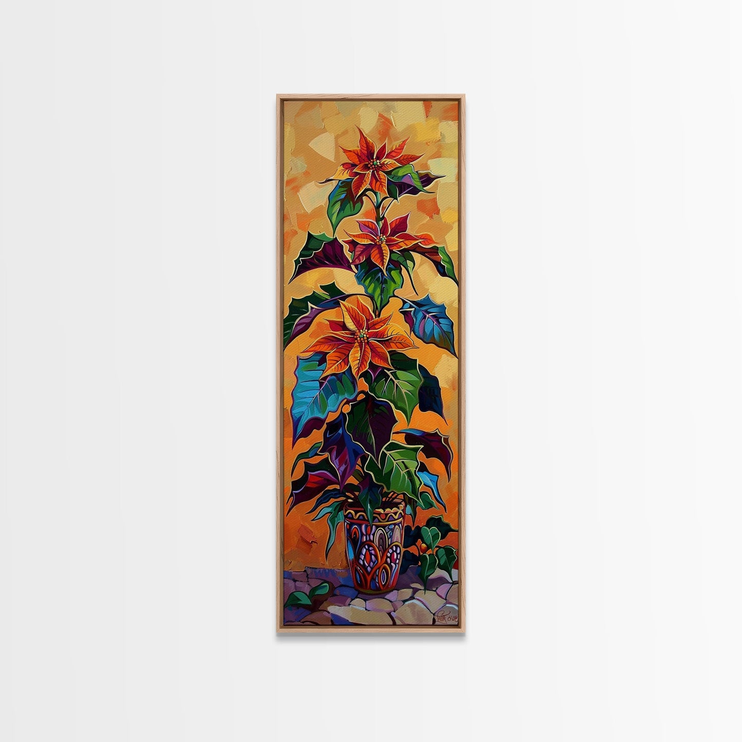 Oversized Spanish Style Poinsettia Canvas Painting Framed and Printed, Botanical Wall Art, Textured Canvas Painting, Vertical Framed Art