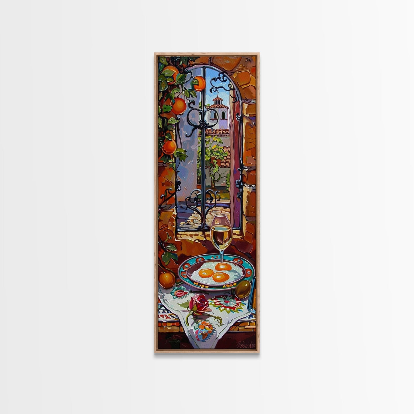 Oversized Mediterranean Style Cafe Painting Framed on Canvas, Whimsical Art, Vertical Wall Art, Spanish Style Cafe Painting, Kitchen Art