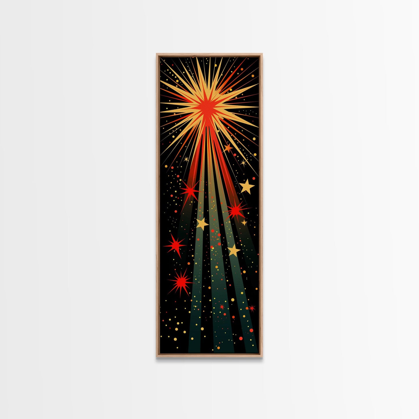 Starburst Explosion on Black Background - Framed Canvas Print, Boho Art, Midcentury Modern, Skinny Art, Tall Art, Bedroom Wall Art, Minimalist Art